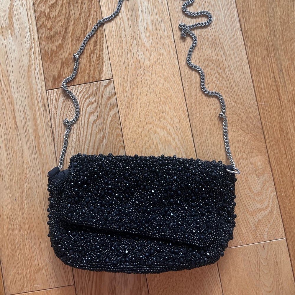 Black beaded shoulder bag with chain